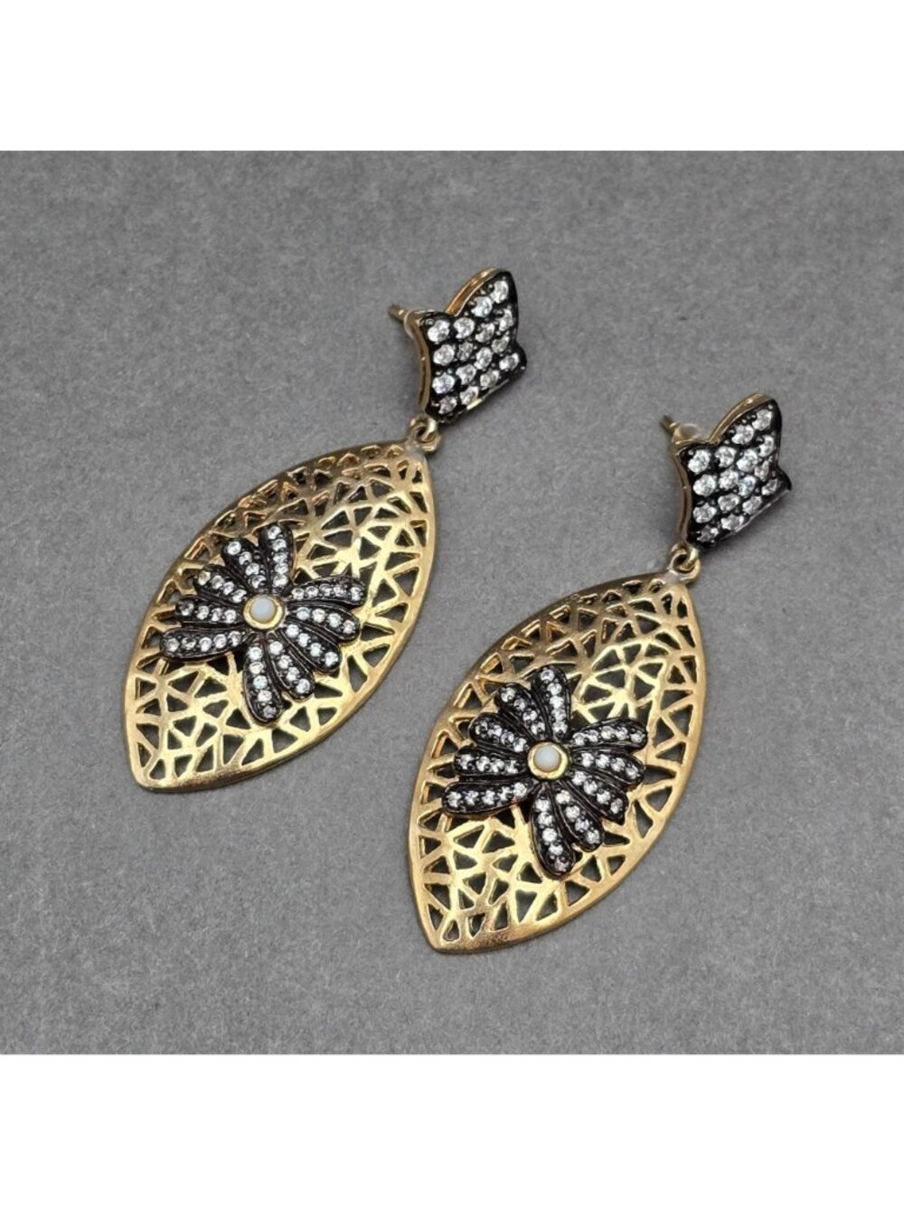 Esha Gold Plated Rhinestone Filigree Dangle Earrings 2.25" Designer Modern Post - Picture 7 of 11